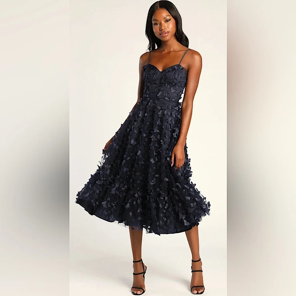Lulus Navy Blue Butterfly Spaghetti Straps Lace Up Midi Dress **Size M** 🦋🦋 - Picture 1 of 10